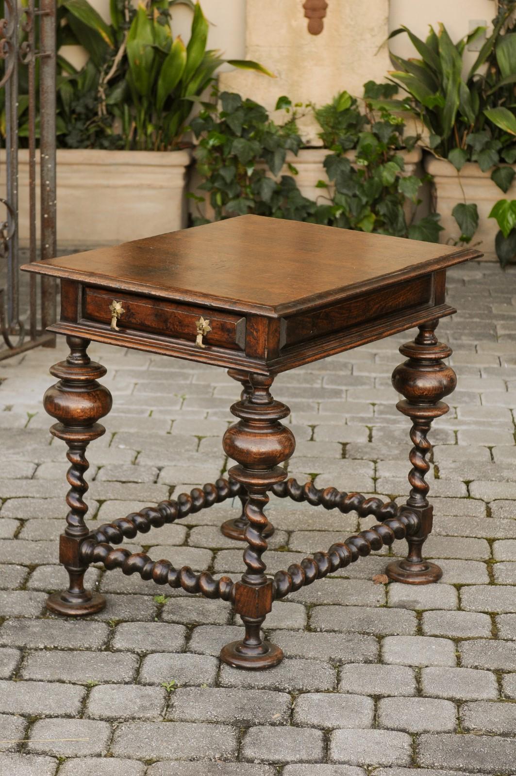 English Jacobean Style 1800s Oak Side Table with Barley Twist Base and Drawer 6