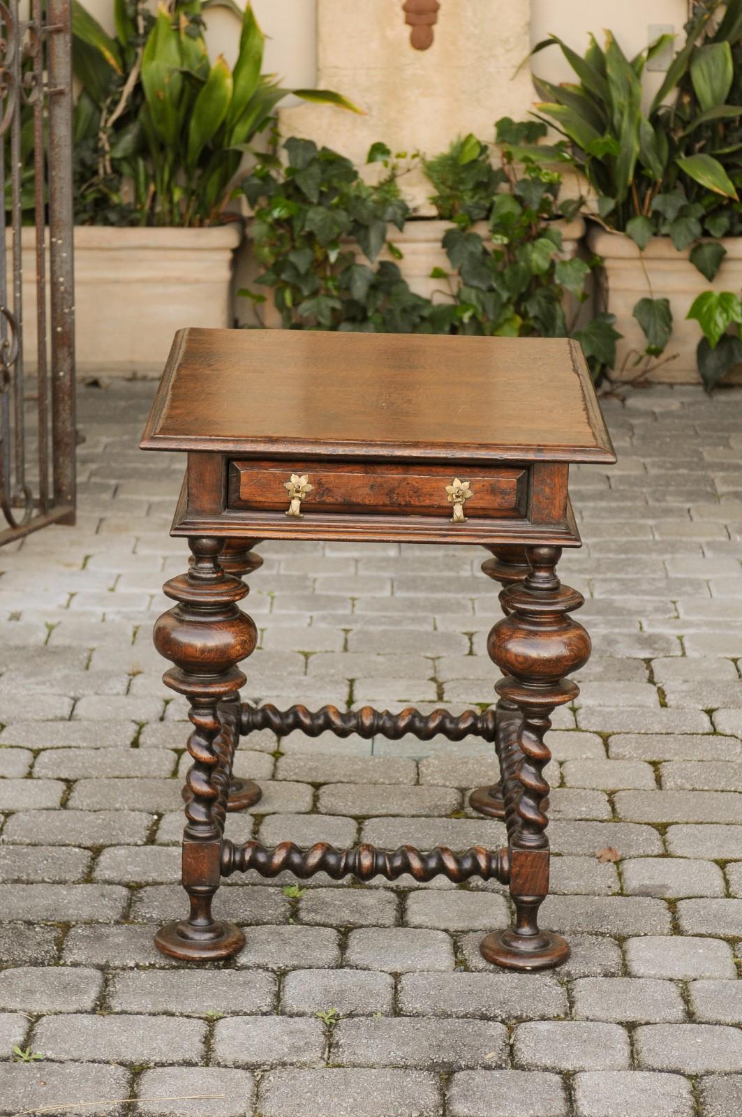 English Jacobean Style 1800s Oak Side Table with Barley Twist Base and Drawer 7