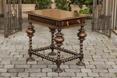 English Jacobean Style 1800s Oak Side Table with Barley Twist Base and Drawer