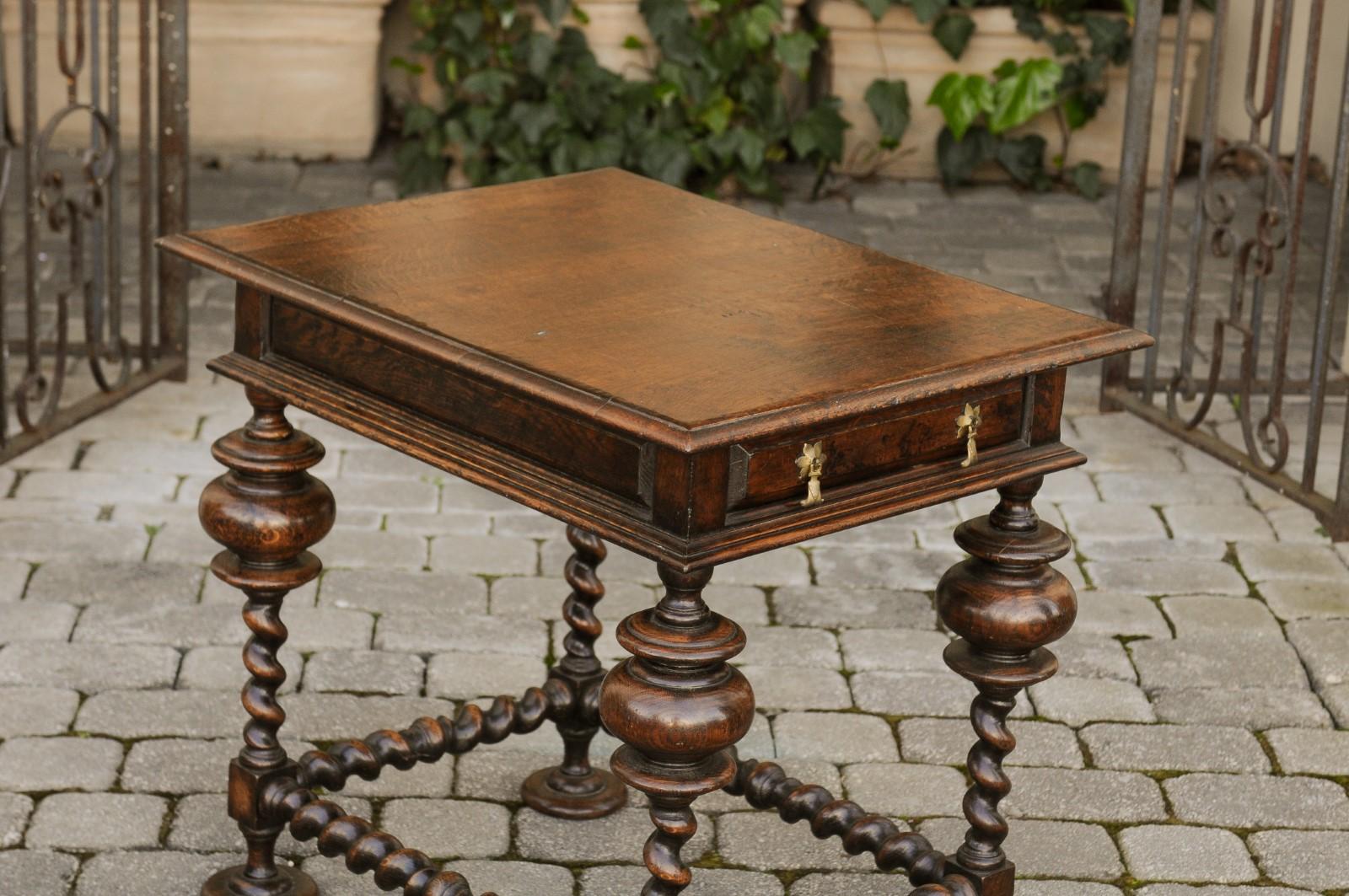 19th Century English Jacobean Style 1800s Oak Side Table with Barley Twist Base and Drawer