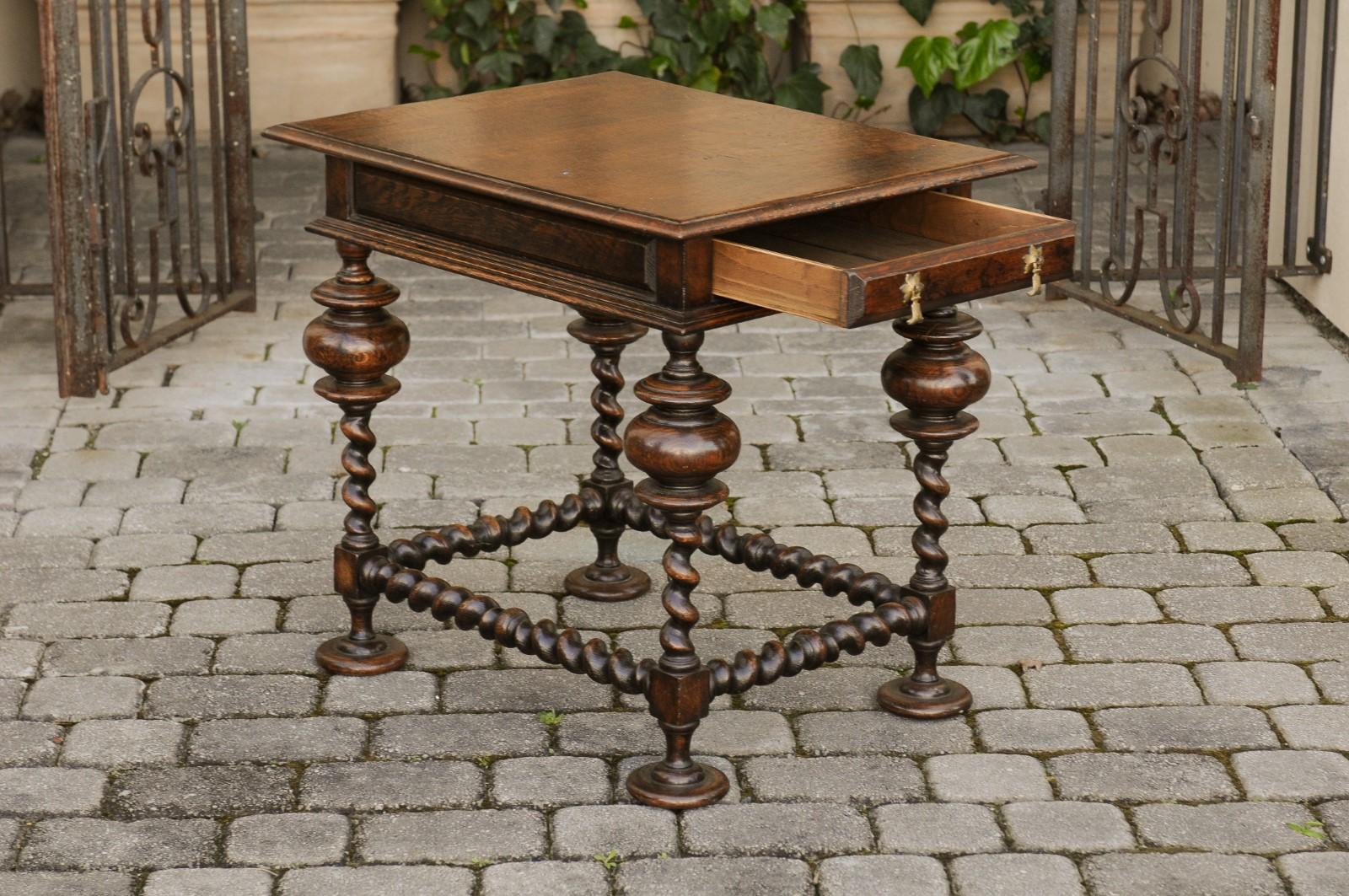Brass English Jacobean Style 1800s Oak Side Table with Barley Twist Base and Drawer