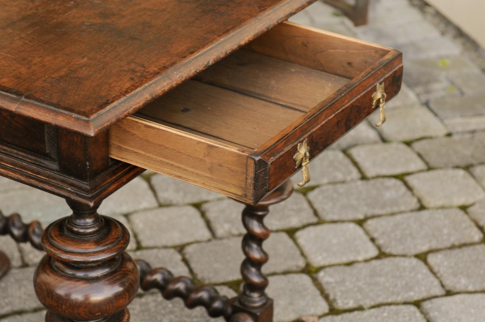 English Jacobean Style 1800s Oak Side Table with Barley Twist Base and Drawer 1