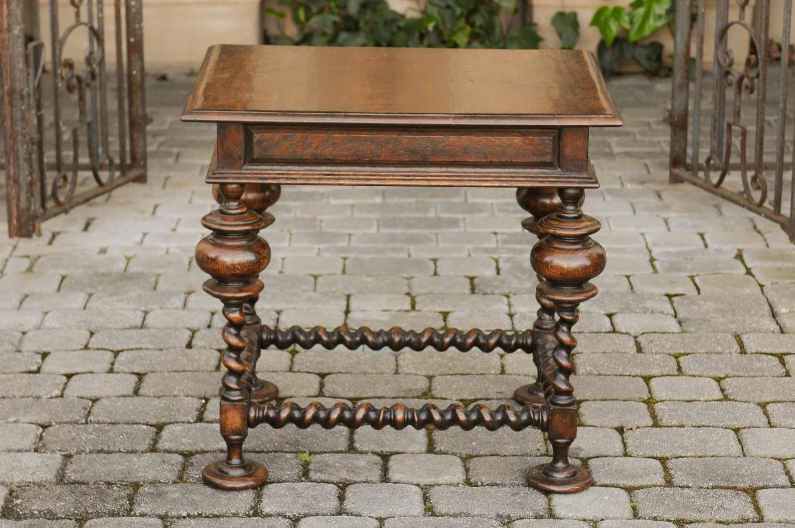 English Jacobean Style 1800s Oak Side Table with Barley Twist Base and Drawer 2