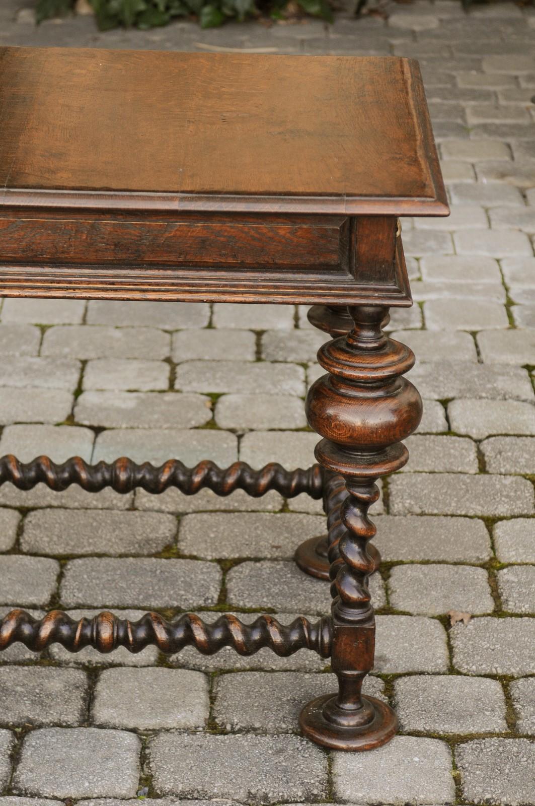English Jacobean Style 1800s Oak Side Table with Barley Twist Base and Drawer 3