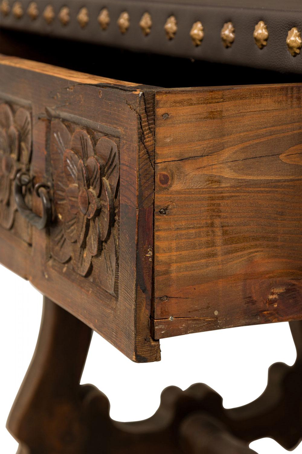 English Jacobean-Style Carved Mahogany Leather Top Console Table For Sale 7