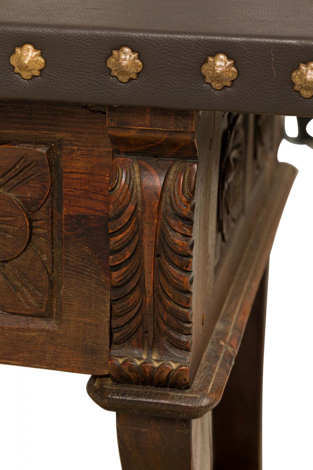 English Jacobean-Style Carved Mahogany Leather Top Console Table For Sale 8