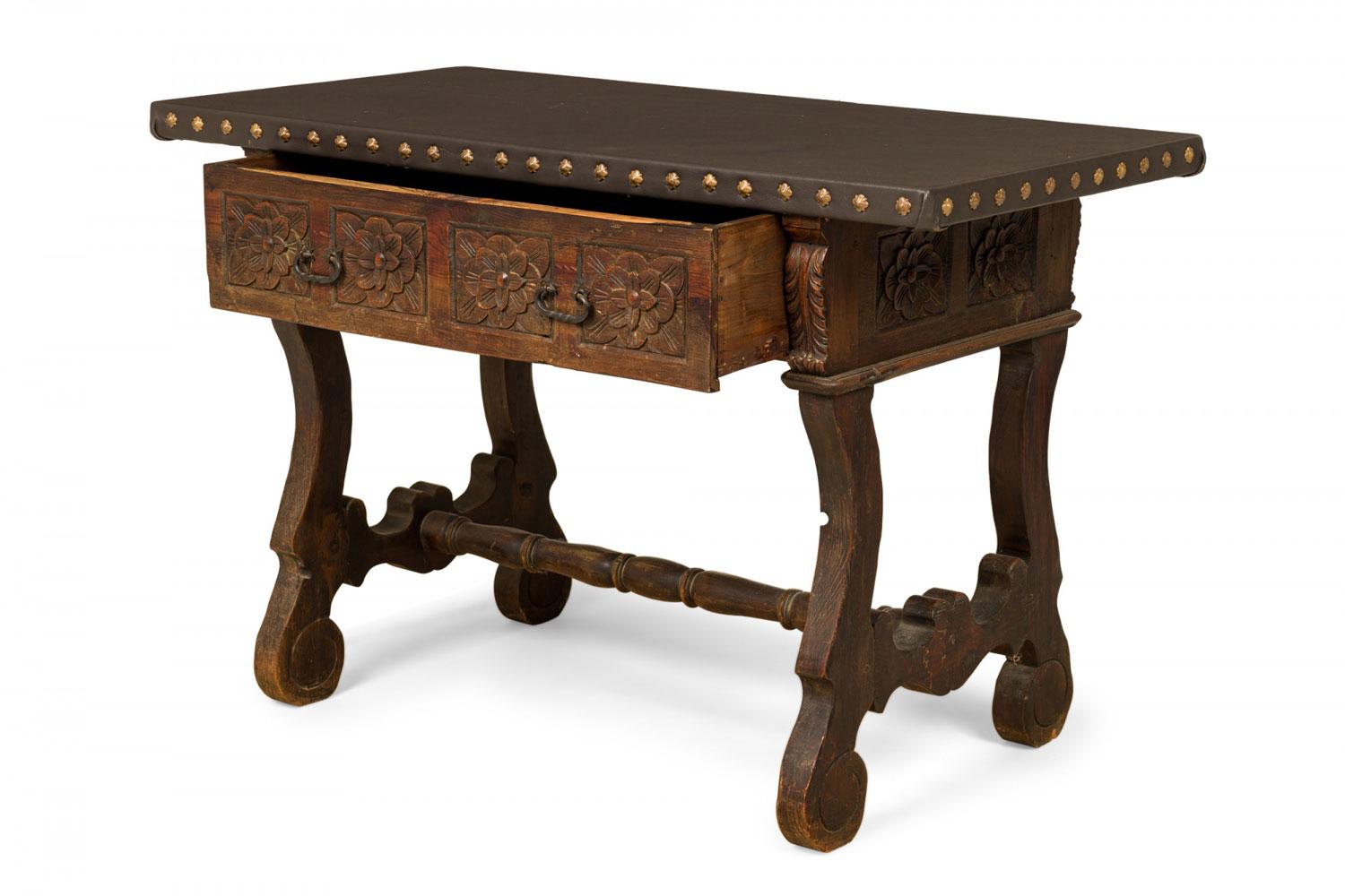 British English Jacobean-Style Carved Mahogany Leather Top Console Table For Sale