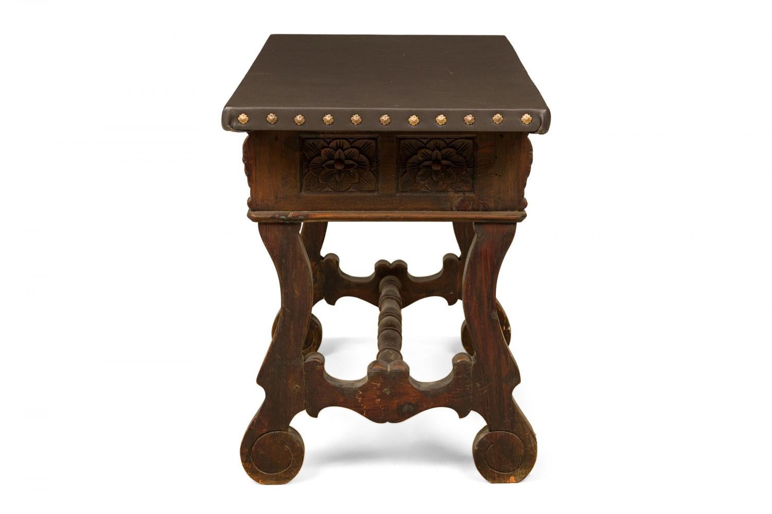 English Jacobean-Style Carved Mahogany Leather Top Console Table In Good Condition For Sale In Queens, NY