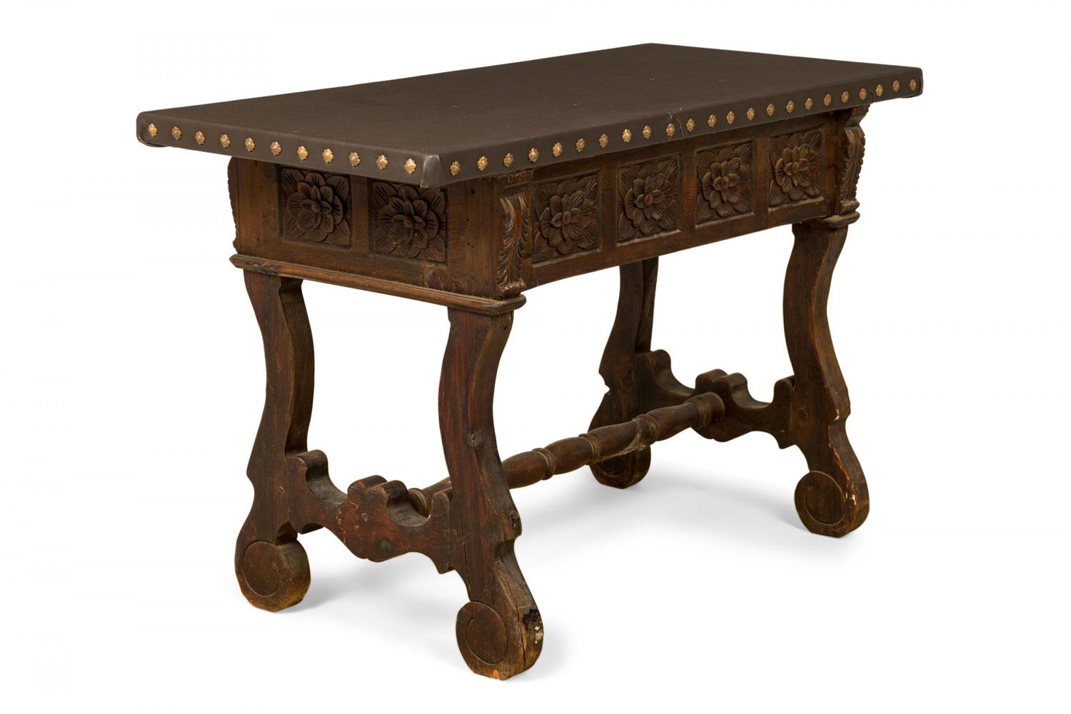 20th Century English Jacobean-Style Carved Mahogany Leather Top Console Table For Sale