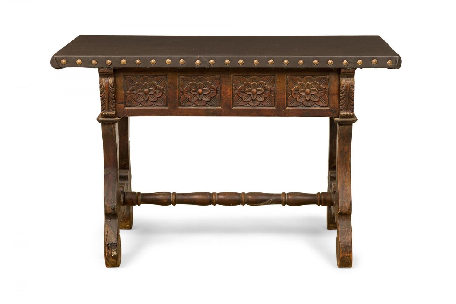 English Jacobean-Style Carved Mahogany Leather Top Console Table For Sale 1