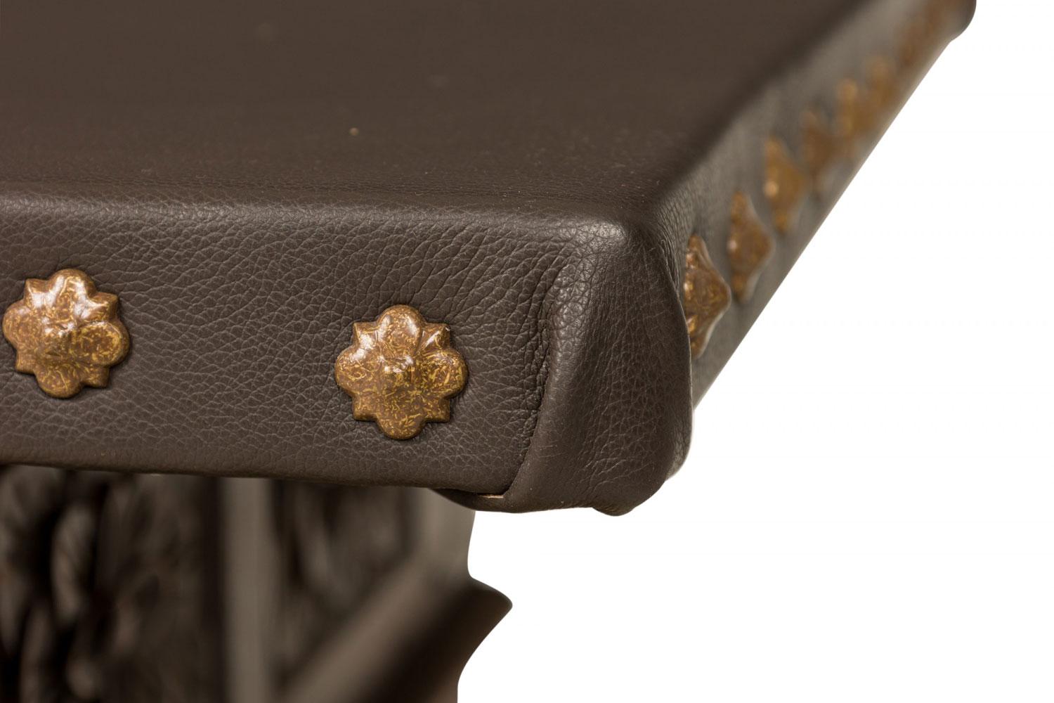 English Jacobean-Style Carved Mahogany Leather Top Console Table For Sale 2