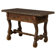 English Jacobean-Style Carved Mahogany Leather Top Console Table