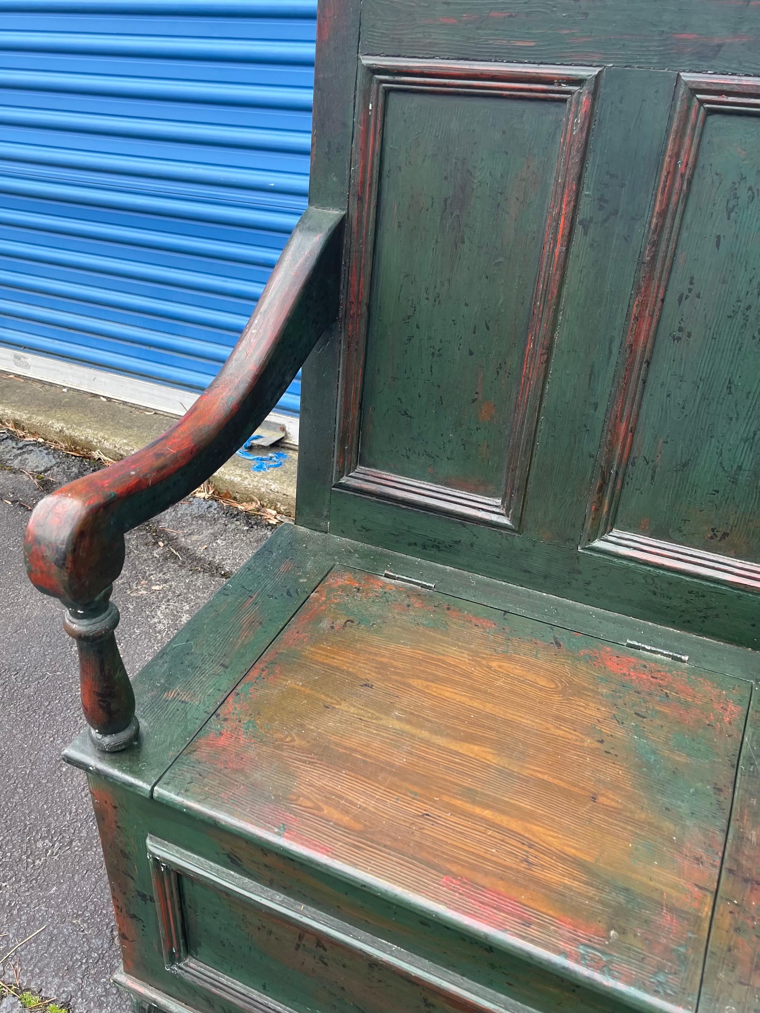 Late 20th Century English Jacobean Style Carved Oak Green Painted Hall Bench By Robert Allen