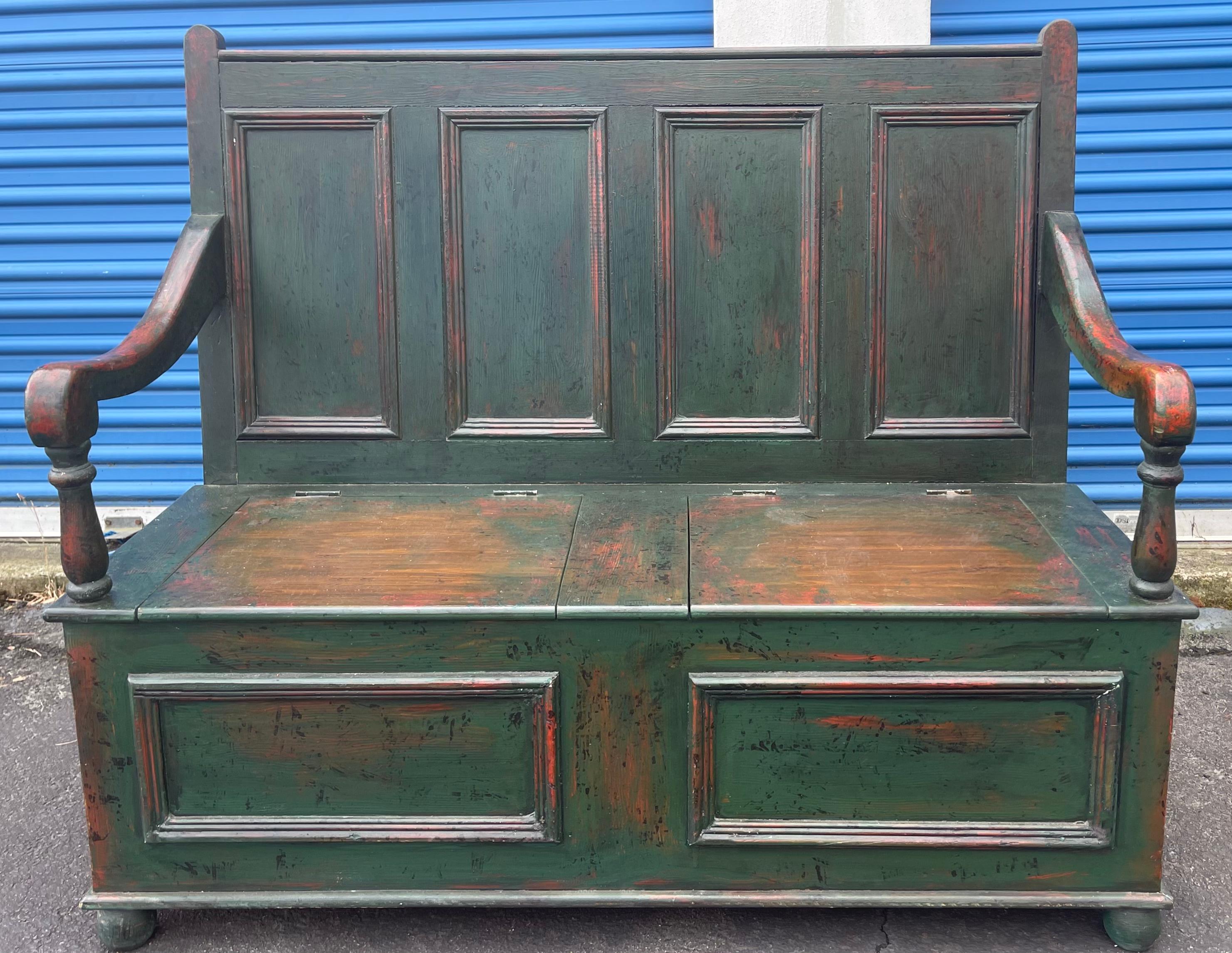 English Jacobean Style Carved Oak Green Painted Hall Bench By Robert Allen 2