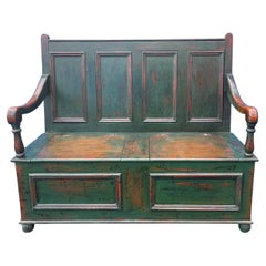 English Jacobean Style Carved Oak Green Painted Hall Bench By Robert Allen