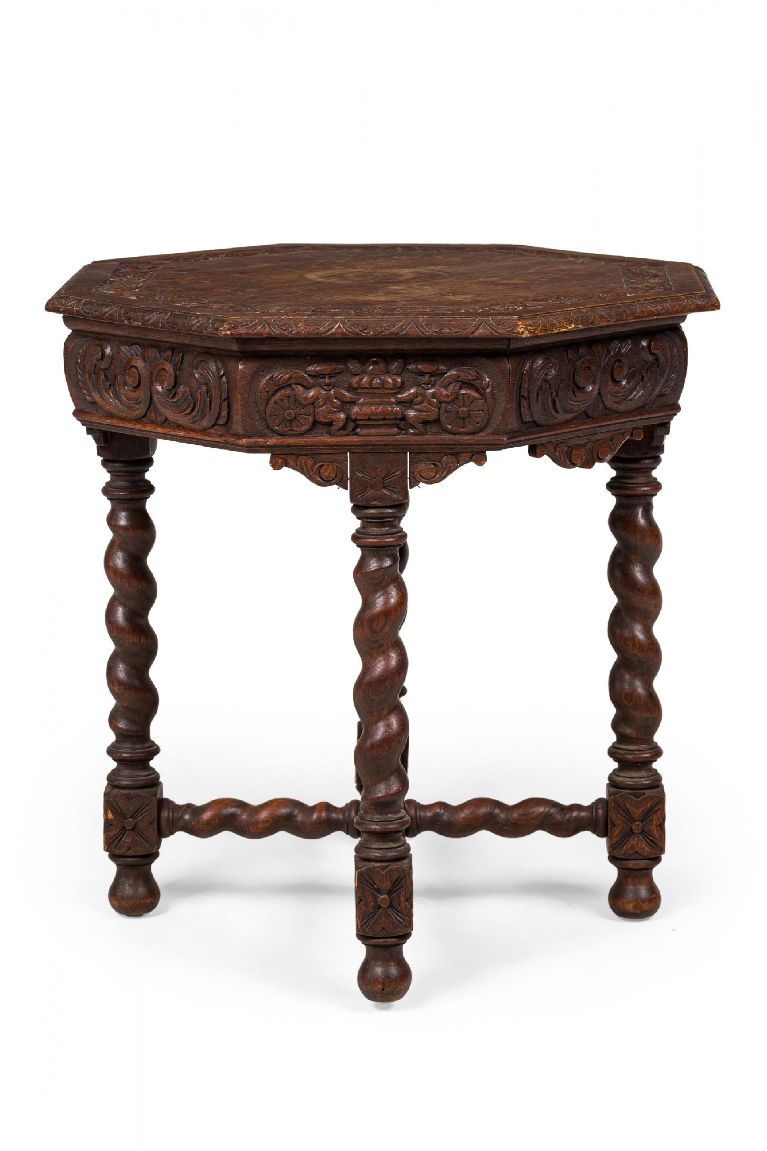 Oak English Jacobean-Style Carved Spiral Turned Leg Octagonal Occasional/Side Table For Sale