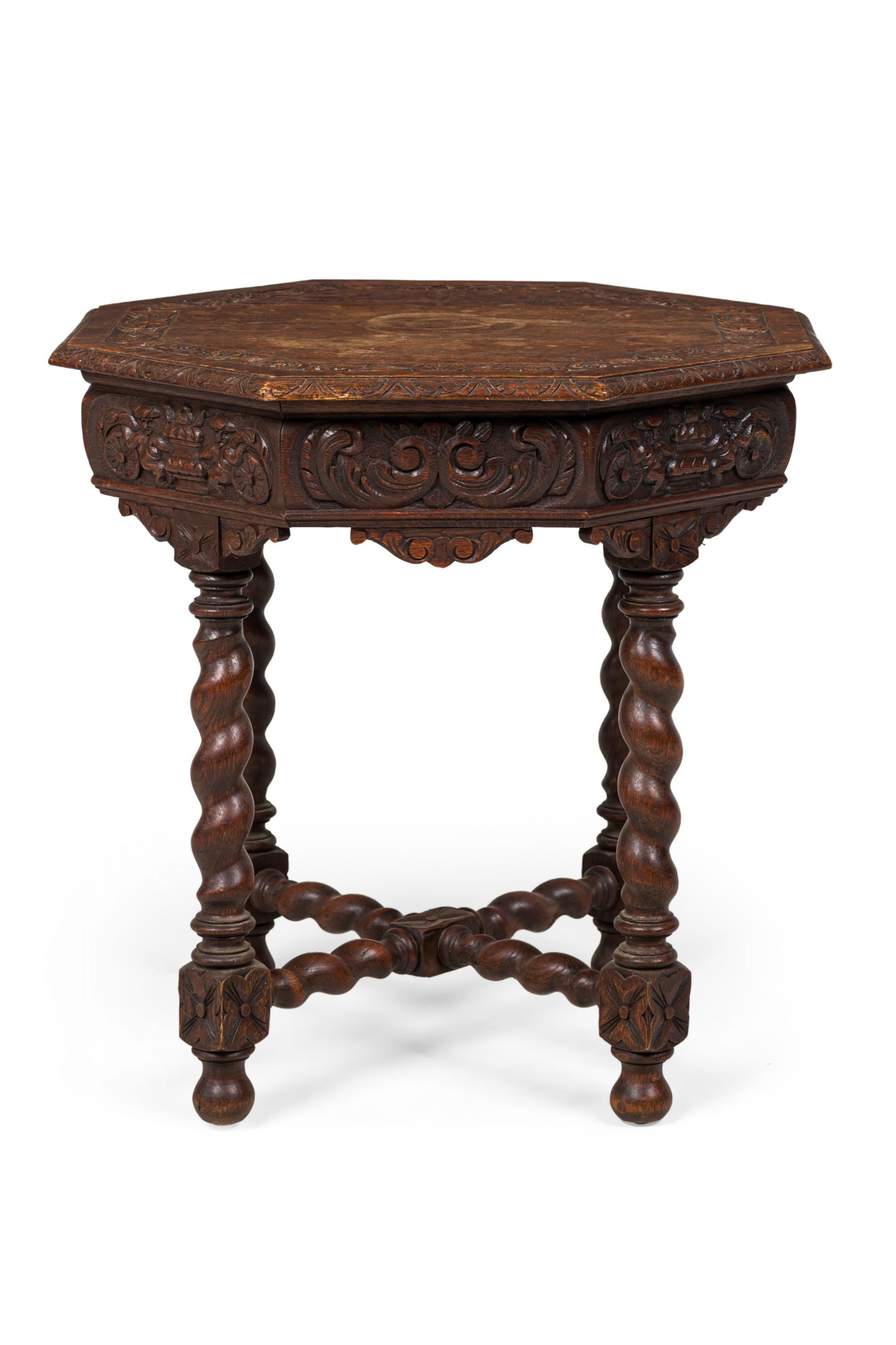 English Jacobean-Style Carved Spiral Turned Leg Octagonal Occasional/Side Table For Sale 2