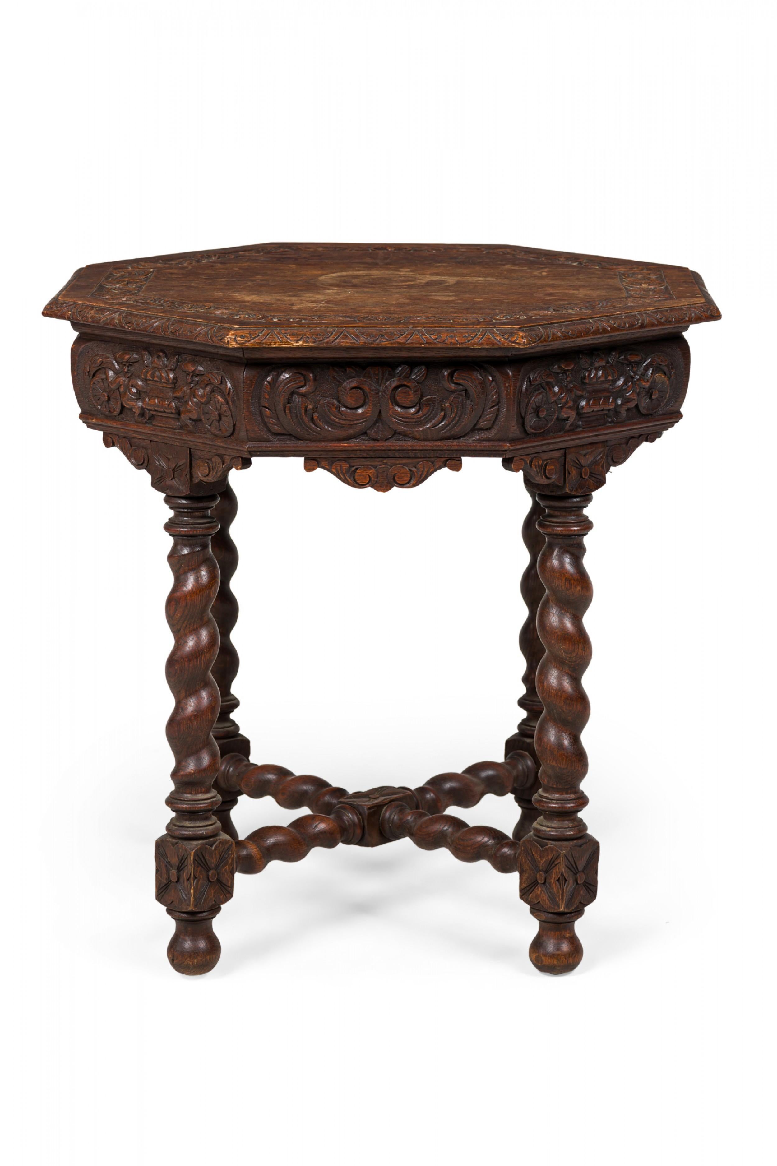 English Jacobean-Style Carved Spiral Turned Leg Octagonal Occasional/Side Table For Sale 1