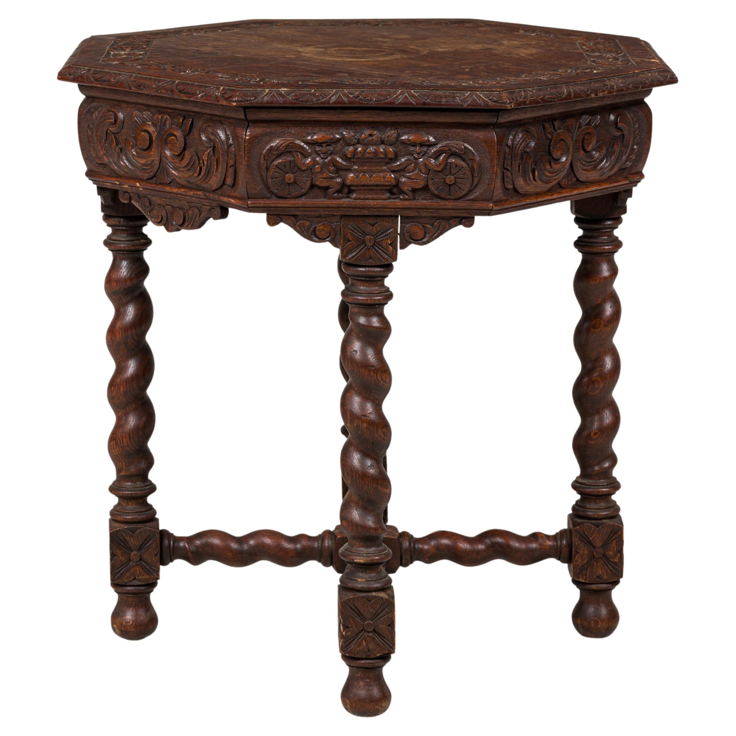 English Jacobean-Style Carved Spiral Turned Leg Octagonal Occasional/Side Table For Sale