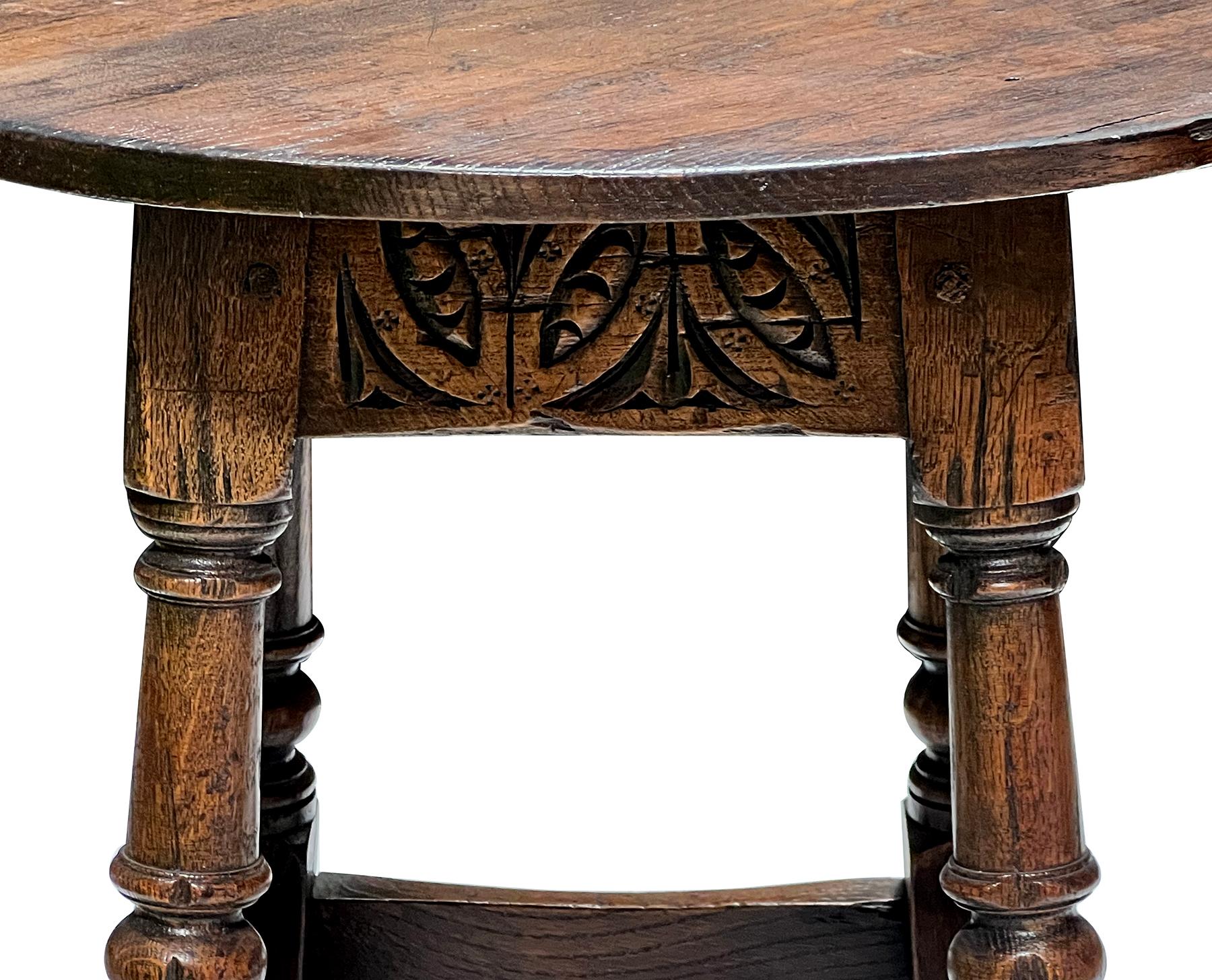 English Jacobean Style Circular Carved Oak Side Table/Joint Stool In Good Condition For Sale In San Francisco, CA