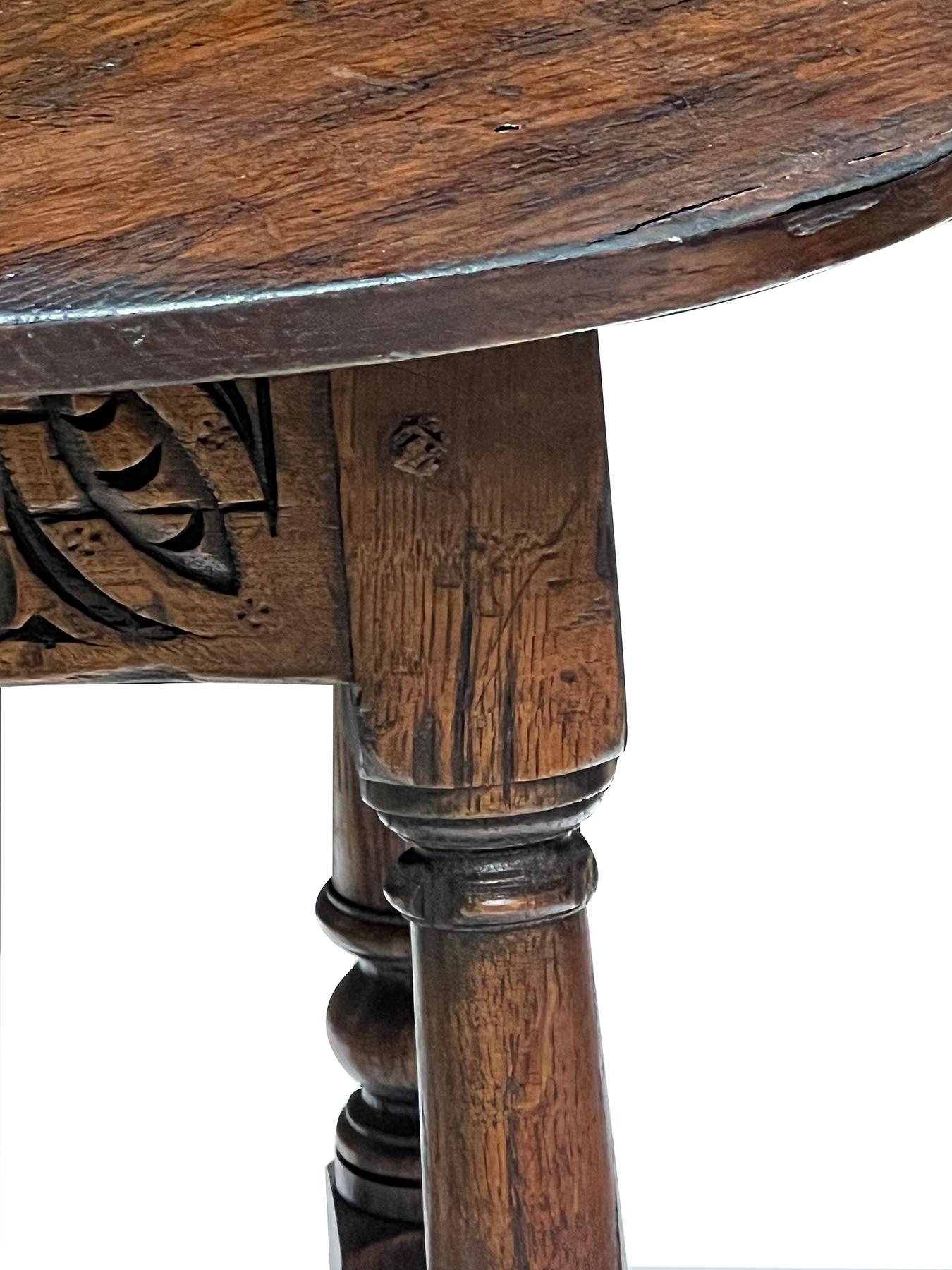 English Jacobean Style Circular Carved Oak Side Table/Joint Stool For Sale 1