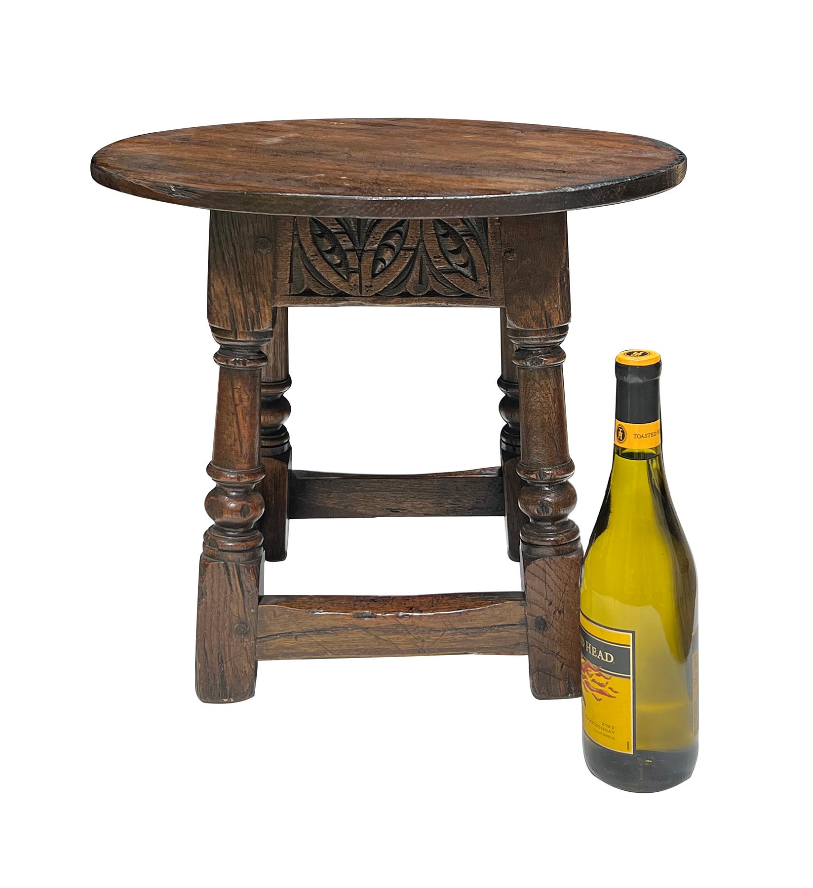 English Jacobean Style Circular Carved Oak Side Table/Joint Stool For Sale 2