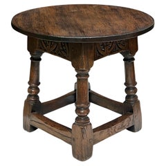 English Jacobean Style Circular Carved Oak Side Table/Joint Stool