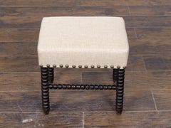 English Jacobean Style Oak Bobbin Stool with Linen Upholstery