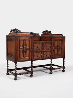 English Jacobean Style Oak Sideboard w/ Barley-Twist Legs