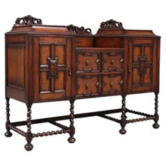 English Jacobean Style Oak Sideboard w/ Barley-Twist Legs