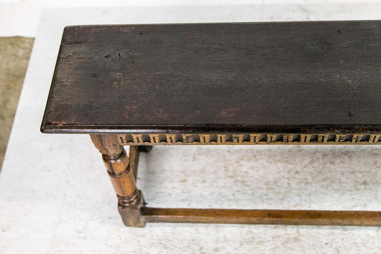 Early 20th Century English Jacobean Style Oak Stretcher Bench