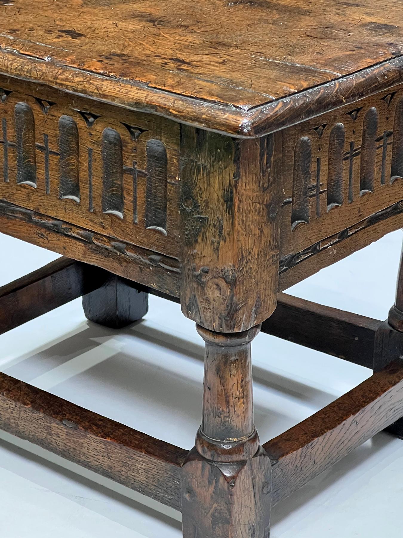 Carved English Jacobean Style Oak Work Side Table/Joint Stool with Hinged Lid For Sale