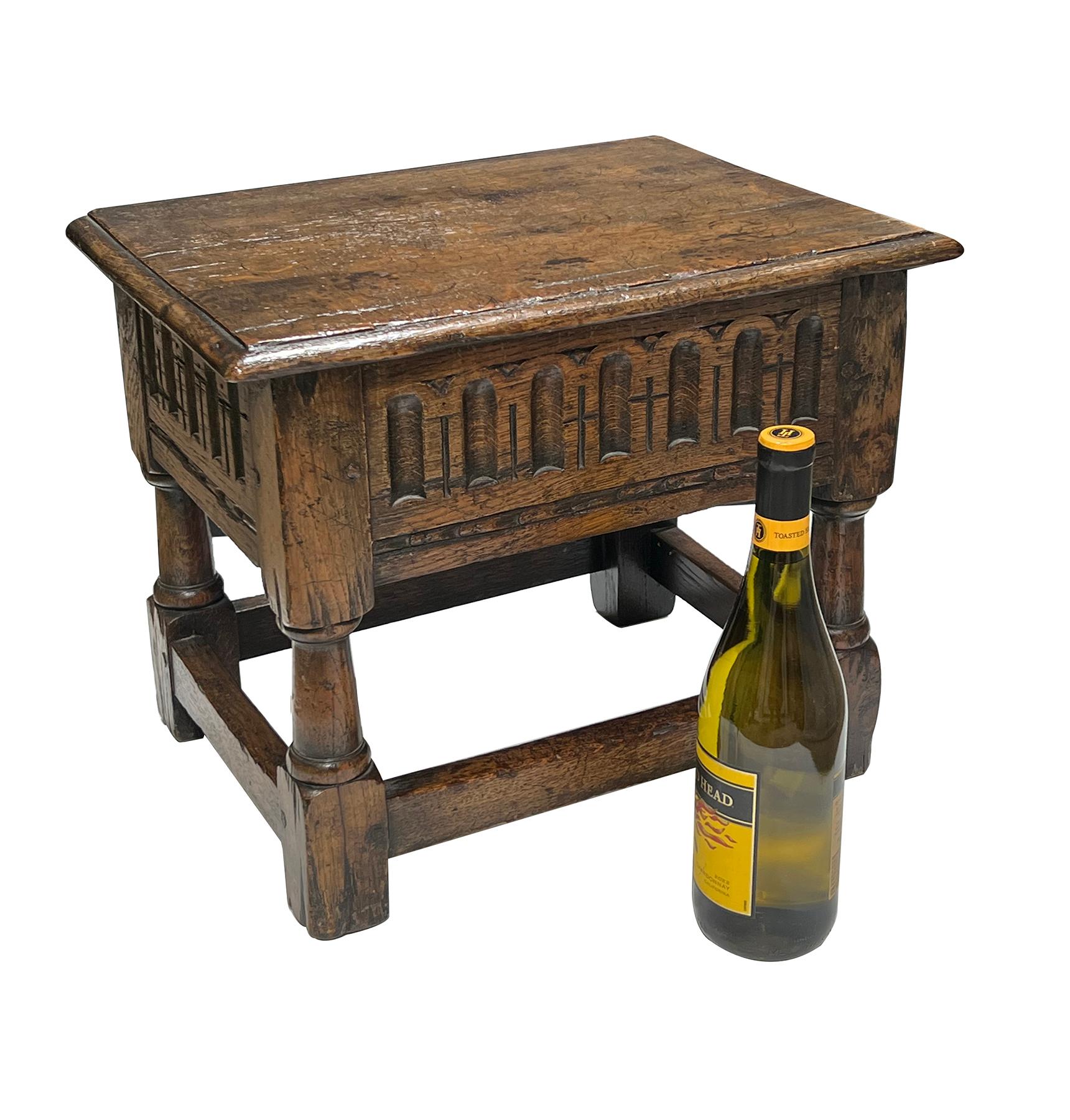 English Jacobean Style Oak Work Side Table/Joint Stool with Hinged Lid For Sale 2