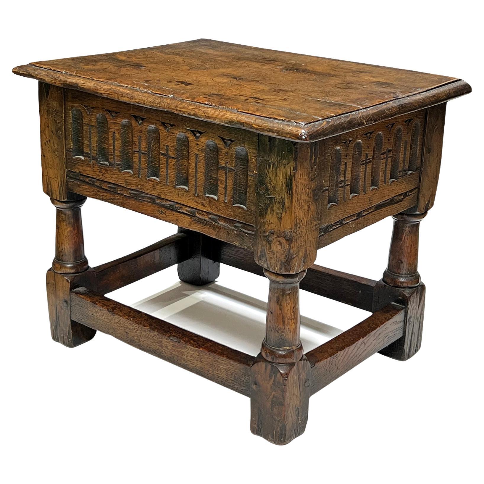 English Jacobean Style Oak Work Side Table/Joint Stool with Hinged Lid For Sale