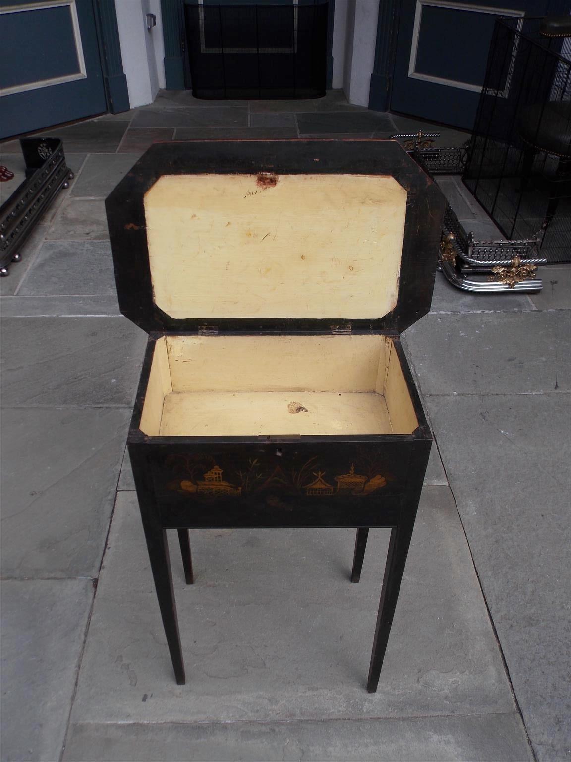 English Japanned and Painted Landscape Hinged One Drawer Stand, Circa 1815 (Englisch)