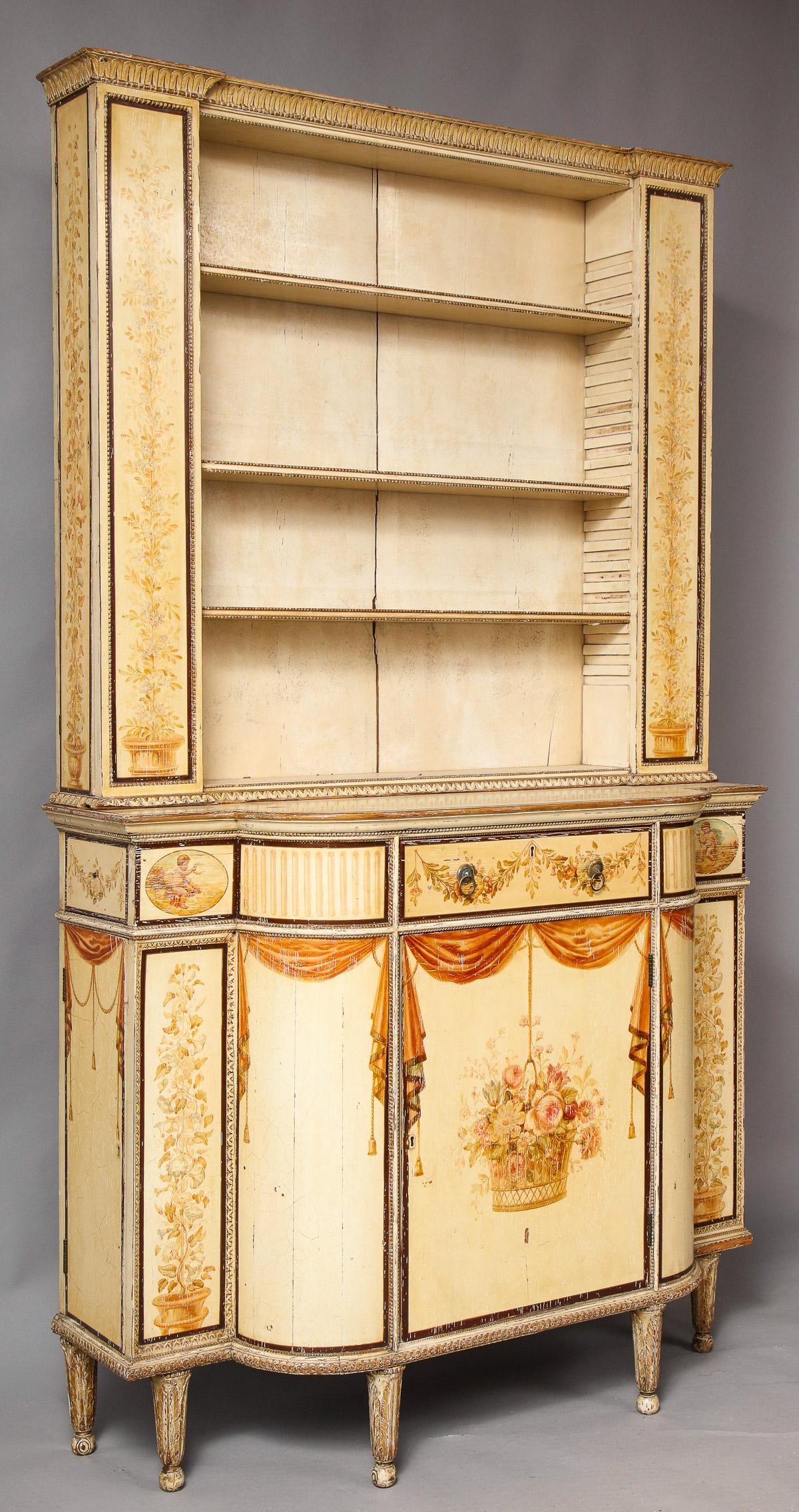 Fine English 19th century Japanned bookcase cabinet in the manner of George Brookshaw, the stepped cornice with lamb's tongue carved molding, over two narrow doors flanking open adjustable shelves, the lower cabinet with two narrow side and one