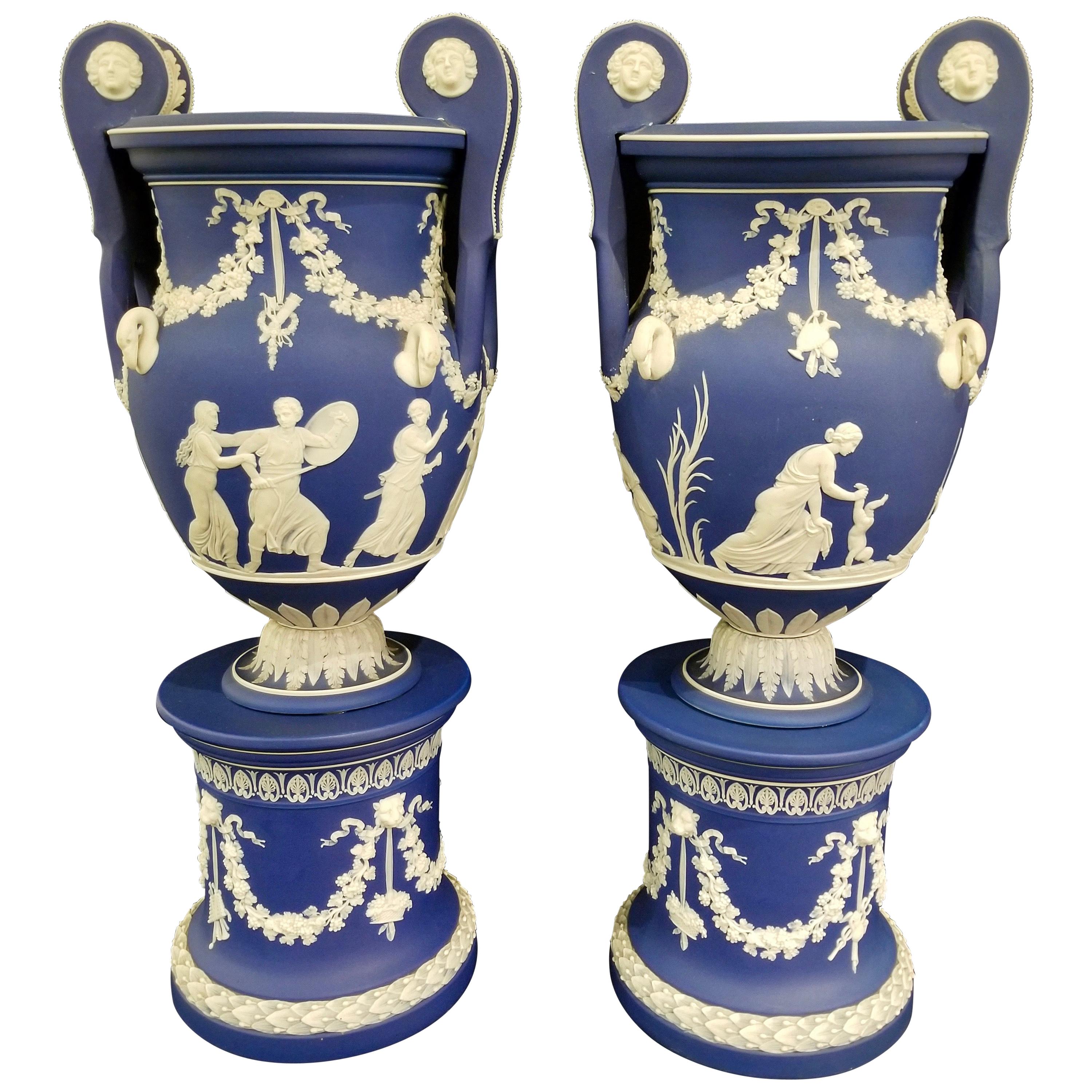 English Jasperware Blue Wedgwood Vases w/ Neoclassical Subjects on Plinths, Pair For Sale