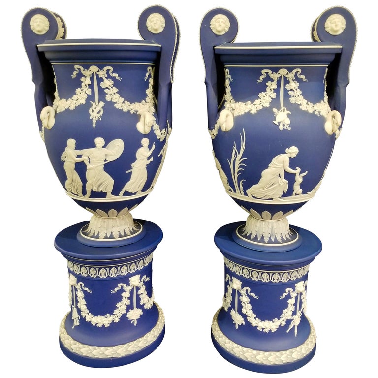 English Jasperware Blue Wedgwood Vases w/ Neoclassical Subjects on Plinths,  Pair For Sale at 1stDibs