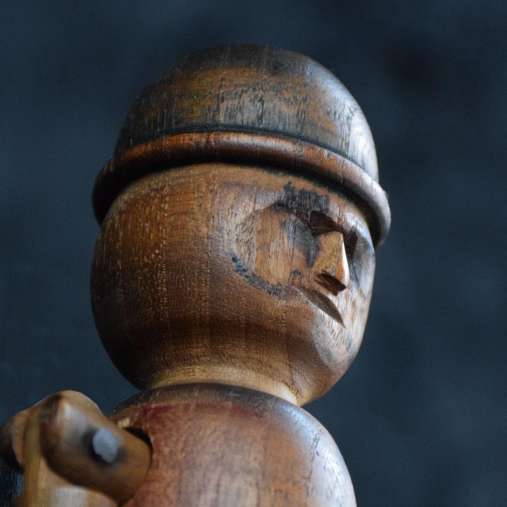 English Jigger Doll
We are proud to offer an early 20th century hand carved folk art English jigger doll example. Carved from pine and joined with brass supports. Jig dolls are traditional wooden or tin-plate ‘toys’ for adults or children. Obtained