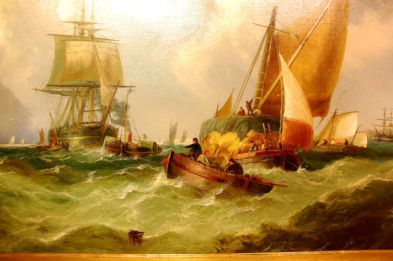 English original large oil painting on canvas signed: J(ohn) CALLOW in gold leaf frame. An exciting marine scene of working and sailing ships in choppy water with the coast of England in the background. Relined and restored as needed, circa