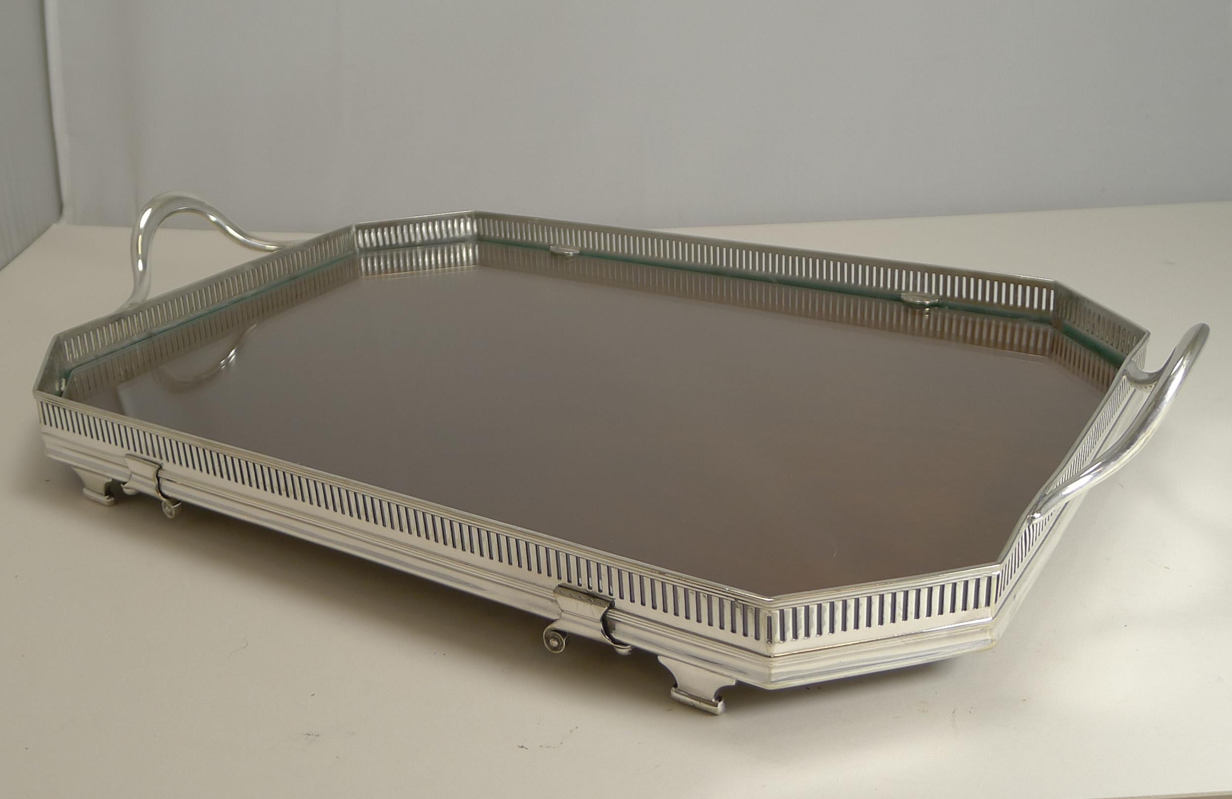 Silver Plate English John Grinsell Convertible Mahogany / Glass Serving Tray, circa 1900