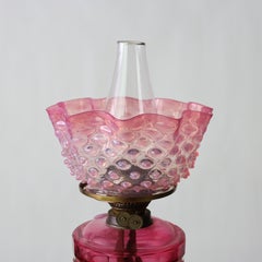 English John Scott Bronze, Cranberry & Opalescent Hobnail Glass Oil Lamp c1890