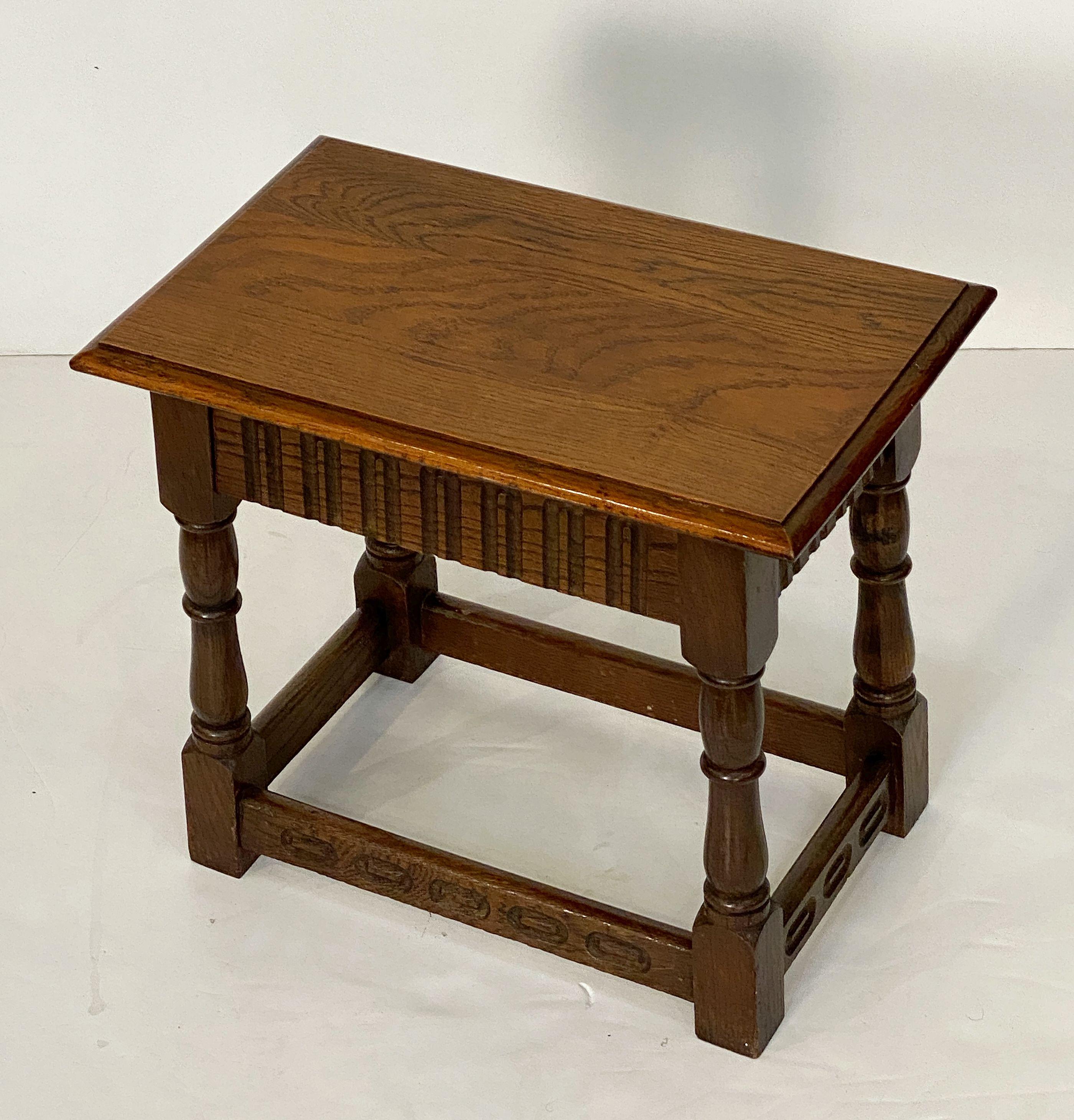 Carved English Joint Stool of Oak with Rectangular Seat and Turned Legs