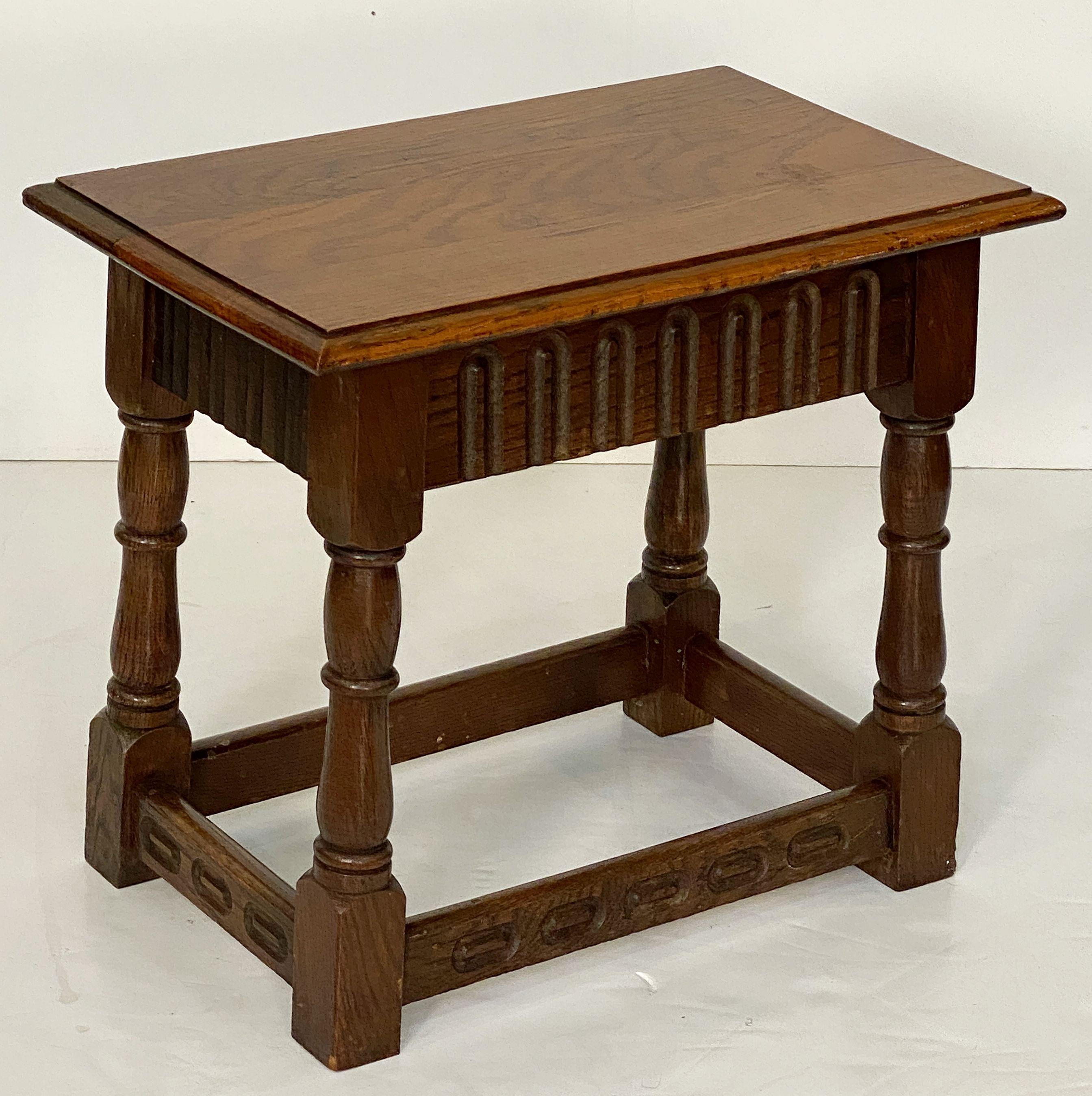 Wood English Joint Stool of Oak with Rectangular Seat and Turned Legs