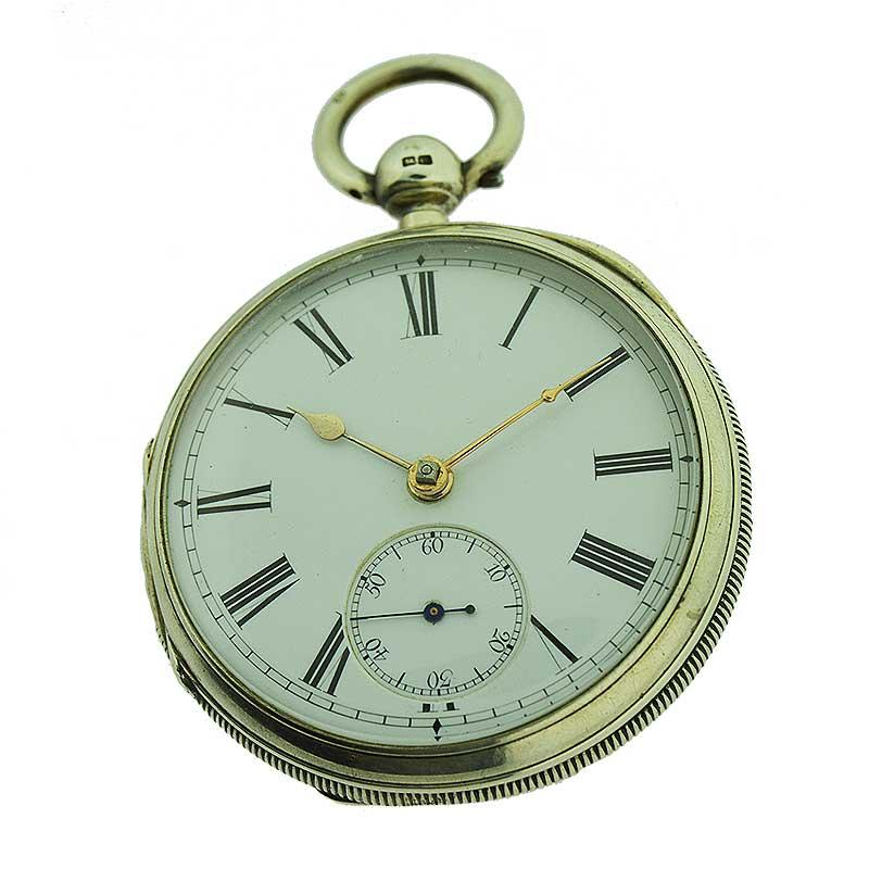 FACTORY / HOUSE: English Keywinding 
STYLE / REFERENCE: Open Faced Pocket Watch 
METAL / MATERIAL: Sterling Silver
CIRCA / YEAR: 1887
DIMENSIONS / SIZE: 52mm
MOVEMENT / CALIBER: Key Winding / 7 Jewels 
DIAL / HANDS: Original Enamel with Roman