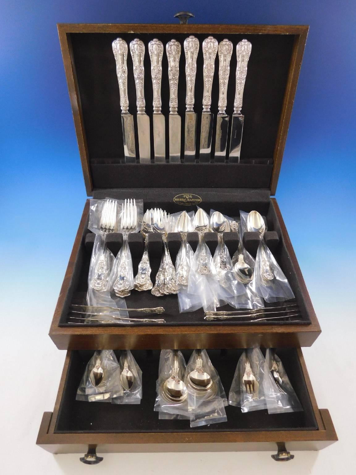Outstanding English king by Tiffany & Co. Sterling silver dinner size flatware set - 72 pieces. This set includes:

Eight dinner size knives, 10 1/4
