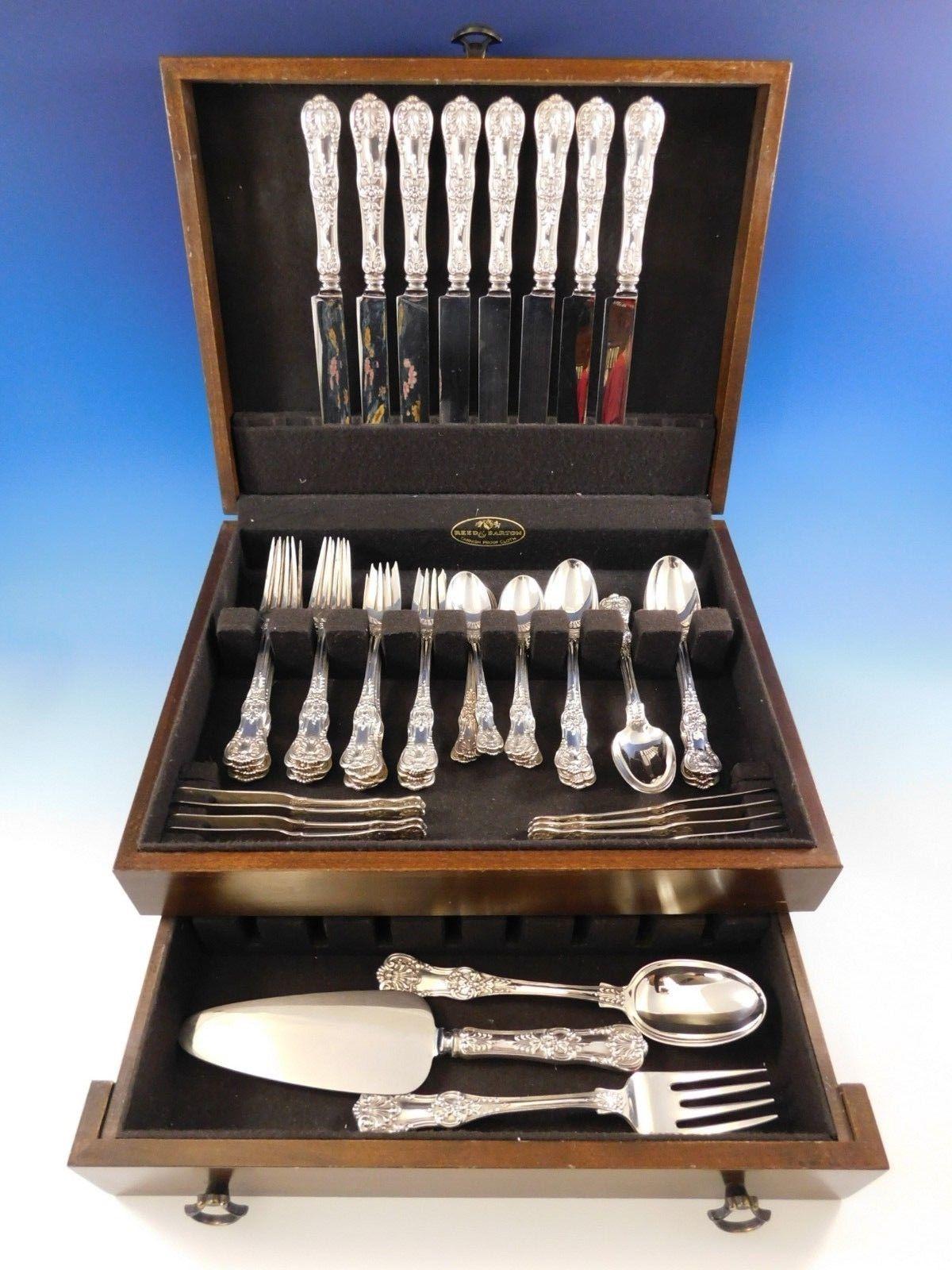 Superb sinner size English King by Tiffany and Co. sterling silver flatware set, 52 pieces. This set includes:

8 dinner knives, 10 1/4