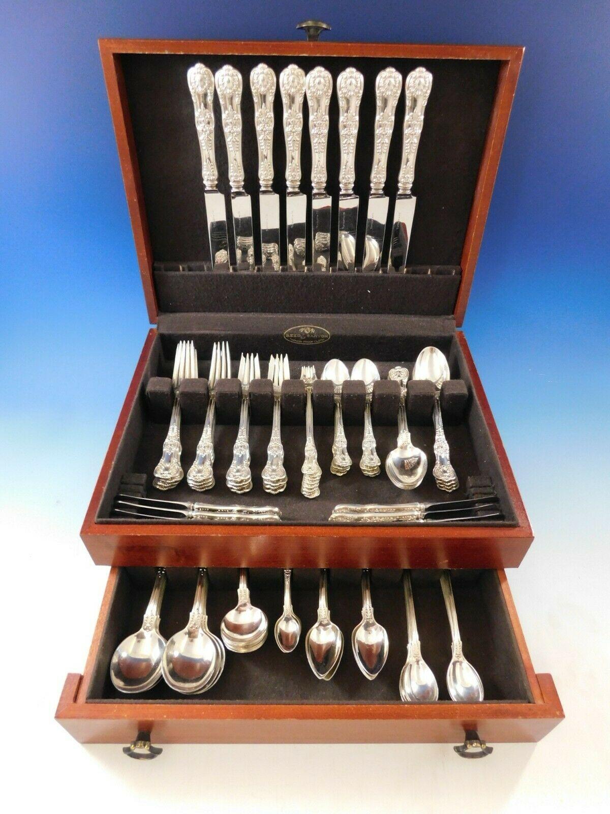 Superb dinner size English King by Tiffany and Co. sterling silver flatware set, 96 pieces. This set includes:

 8 dinner knives, 10 1/4