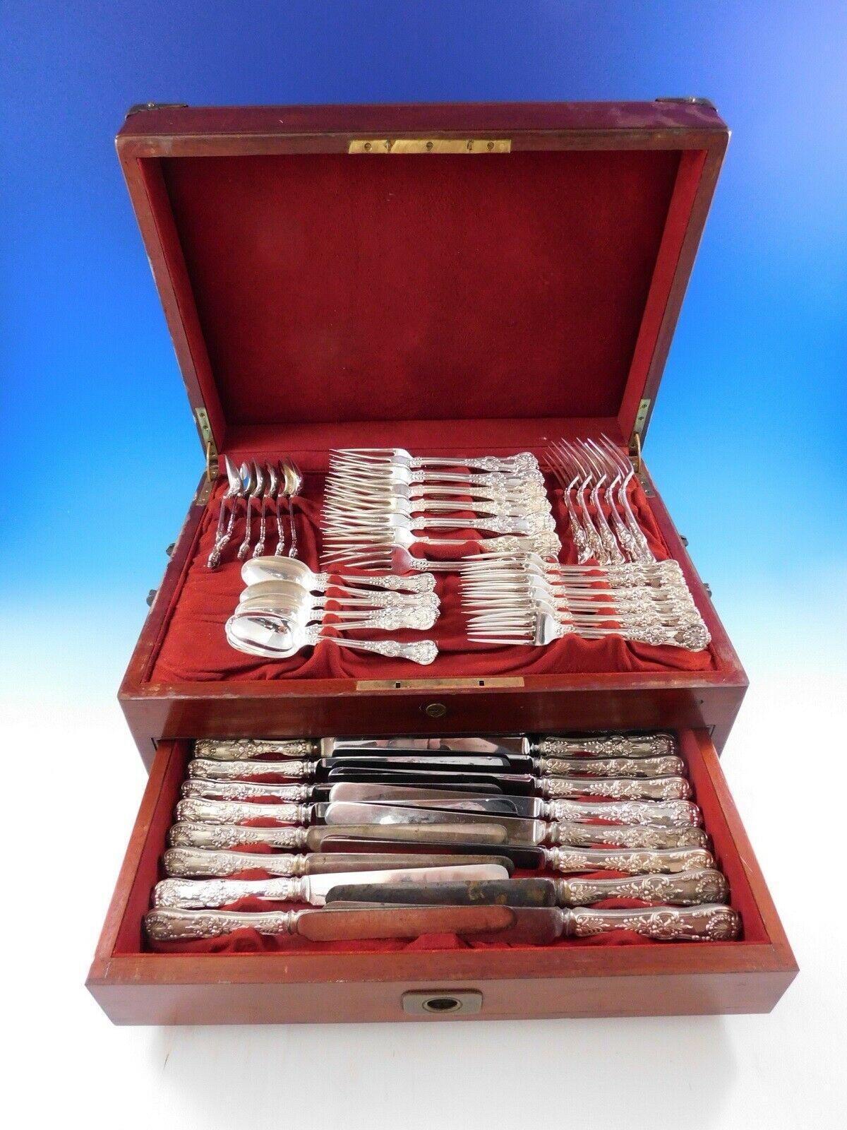 Superb English King by Tiffany & Co. sterling silver flatware set, 60 pieces. This set includes:

12 dinner size knives, with blunt stainless blades, 10 1/4