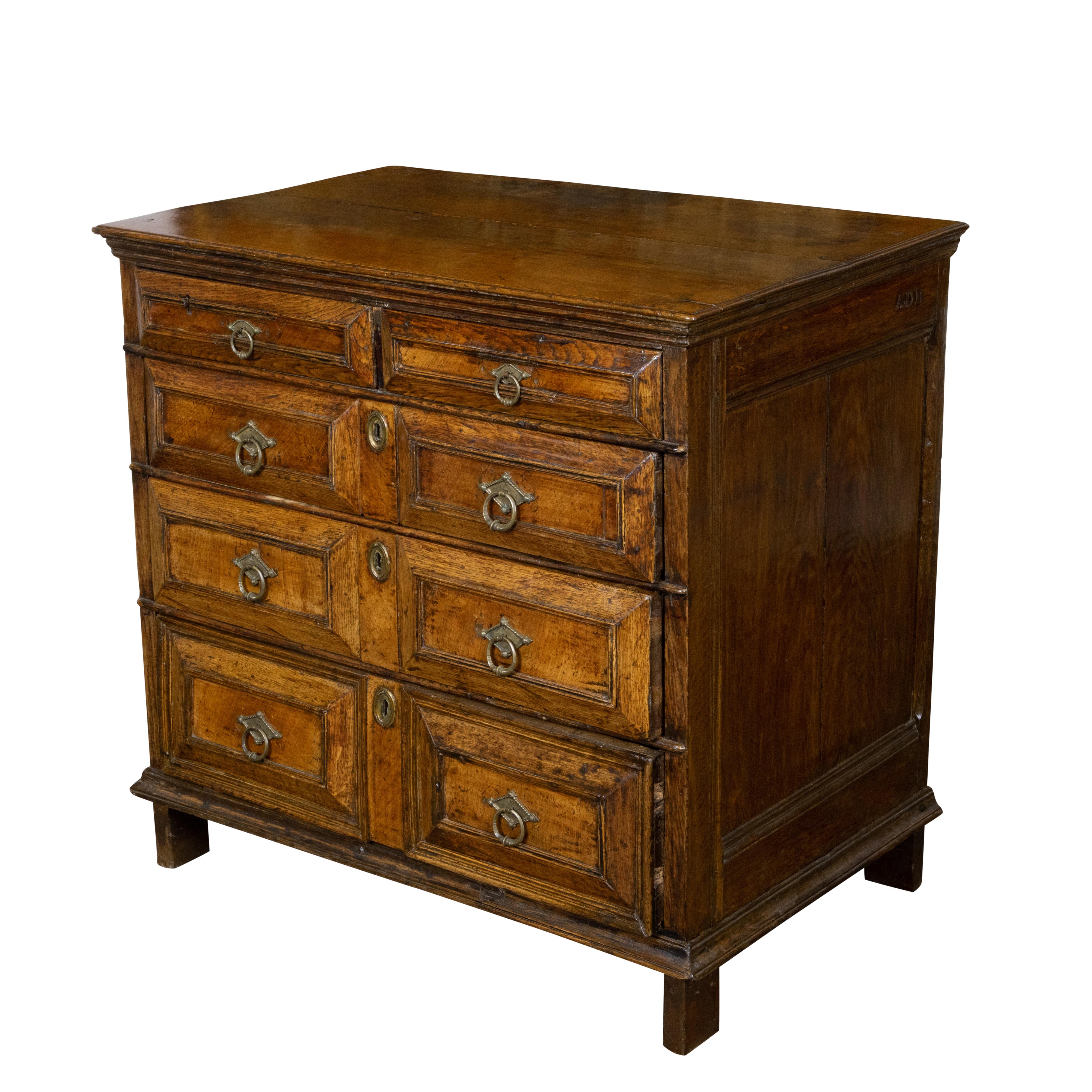 Brass English King George III 1800s Oak Five Drawer Commode with Raised Panels For Sale